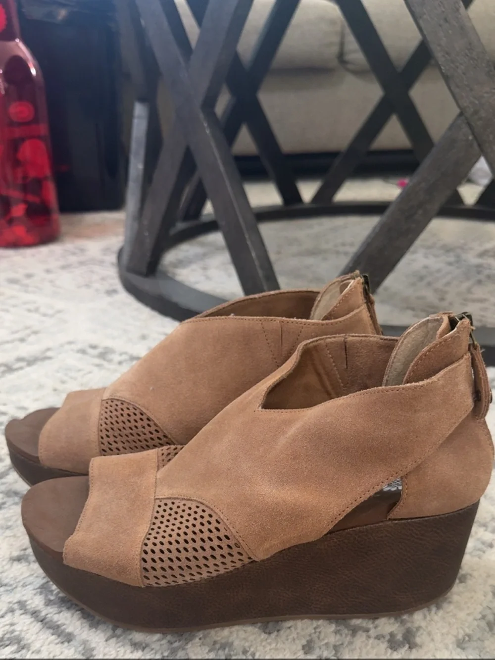 Yellow Box Tan Suede Peep-Toe Wedge Sandals